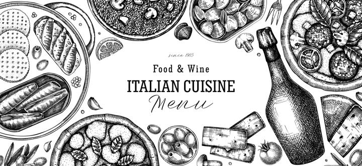  Italian food and drinks vector background. Hand drawn pizza, pasta, prosecco, risotto and tinned fish frame. Mediterranean cuisine ingredients illustrations. Vintage restaurant menu design template. 